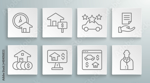 Set line House with dollar, Online real estate, Realtor, Car sharing, contract and Time is money icon. Vector