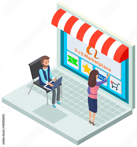Customers choosing products at website. Coupon with discount, special price star, sale button, shopping cart. B2b marketplace, online shop via Internet. Man and woman spending money in e-store