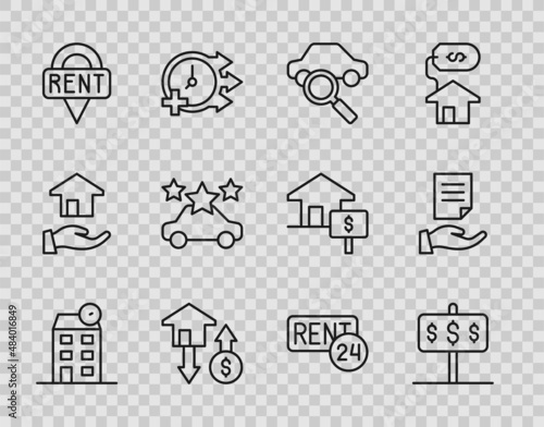 Set line House, with dollar, Car sharing, Location key, Rent and contract icon. Vector