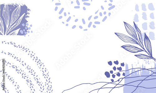Abstract purple background in a trendy very peri palette. Minimalist leaves and plants banner with space for text