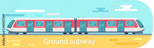 High speed transport leaving tunnel to metro. Public transport, train for transporting metro passengers. Train of subway with automatic doors. Modern tramway at underground station platform