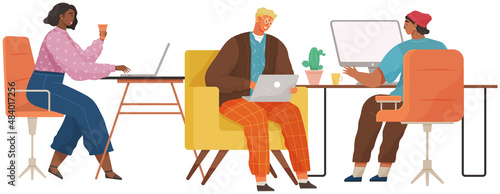 Concept of coworking center. Business meeting. Shared working environment. People talking and working at computers in open space office. Creative people in office have idea working together
