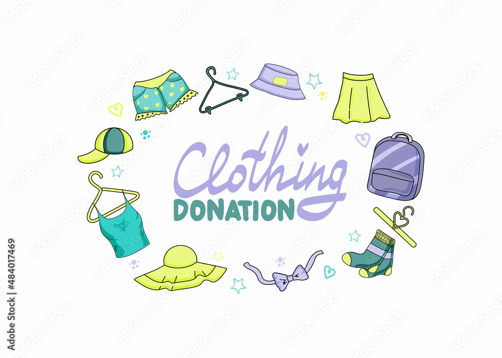 Naklejka premium Hand lettering. Donate clothes flat vector poster template. Banner for used clothing store. Homeless people in need of social assistance. Illustration of men's and women's clothing. Sale.