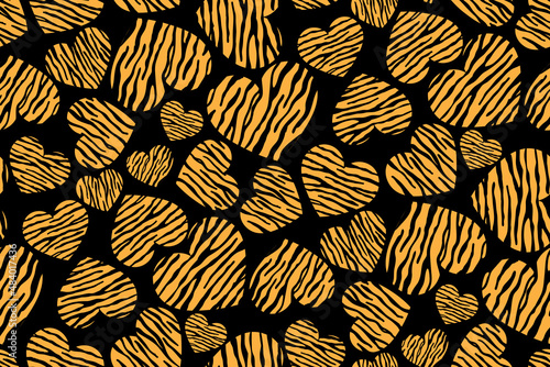 Seamless abstract pattern of orange hearts with tiger print, black background. © Олена Маткова