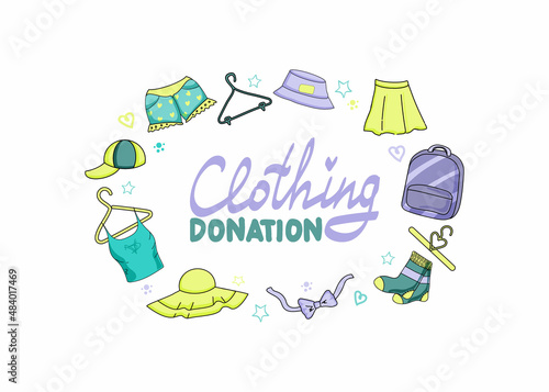 Hand lettering. Donate clothes flat vector poster template. Banner for used clothing store. Homeless people in need of social assistance. Illustration of men's and women's clothing. Sale.