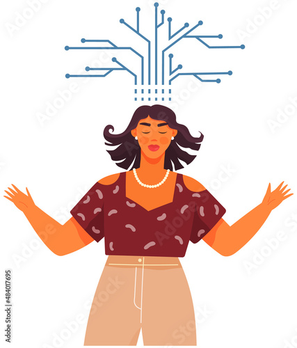 Woman with logical, analytical, strategic, structural thinking mental mindset type. Mind behavior, mental perceiving, psychological concept with girl and scheme, female with technical mindset