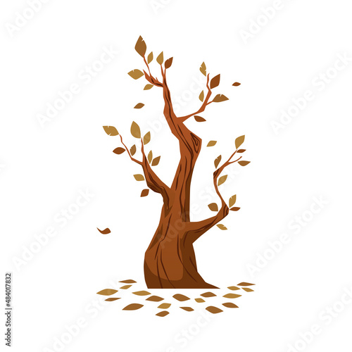 Autumn tree with fallen leaves and branches, flat vector illustration isolated.