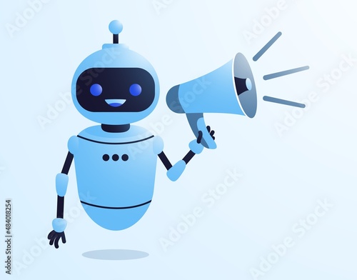 Virtual assistant Customer support service Online chat bot support Job search recruitment Marketing automation concept Robot shouting out a message with bullhorn Vector illustration concept