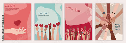 Flyer brochure with volunteer group of people - editable poster template. Raised arms of people holding a heart in their hand. Hands in a circle on top of each other. Donation and charity