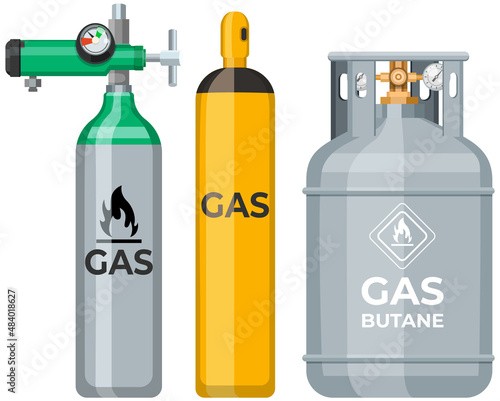 High cylinder, canister with fuel, storage for gas. Metal tank with liquefied compressed petroleum, propane. Pressurized gas cylinder, storage with tap for substance release vector illustration