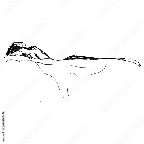 Girl lying in bed face down sleeping or crying. Hand drawn linear doodle rough sketch. Black silhouette on white background.