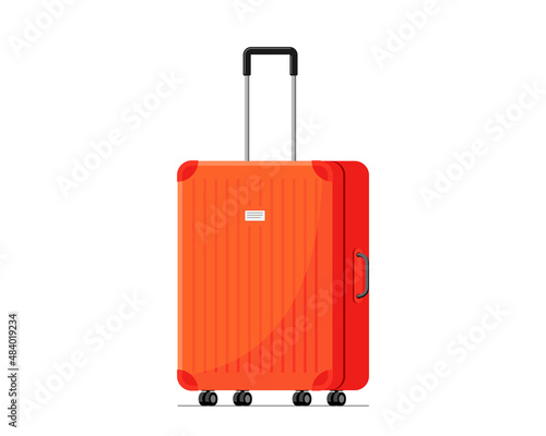 Red plastic suitcase baggage for travel with wheels and retractable handle front view. Luggage bag for summer vacation journey flat vector eps illustration