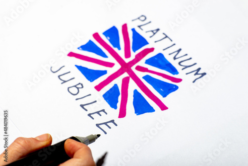 Queen jubilee british. Platinum Jubilee of Queen Elizabeth II. Drawn UK flag and inscription.
