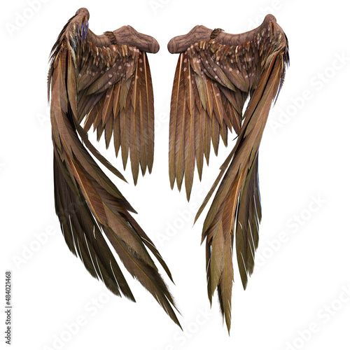 Pair of isolated white angel style wings with 3D feathers on white background, 3D Illustration, 3D Rendering