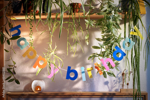 Colorful Happy Birthday letters hanging between houseplants