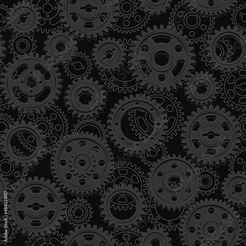 Seamless pattern with black machine gears and linear gears behind. Low contrast background. Steampunk style