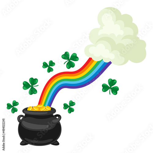 Saint Patricks Day illustration. Pot with gold coins, rainbow and clover.