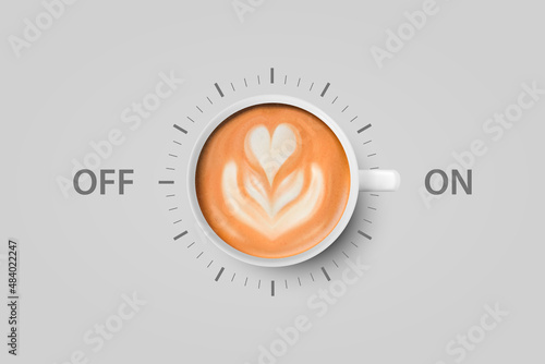 Vector 3d Realistic Off, On Switch with Coffee in White Ceramic, Porcelain Coffee Mug on Whitek. Latte, Capuccino. Coffee Cup Icon. Concept Creative Banner with Coffee Cup. Design Template. Top View