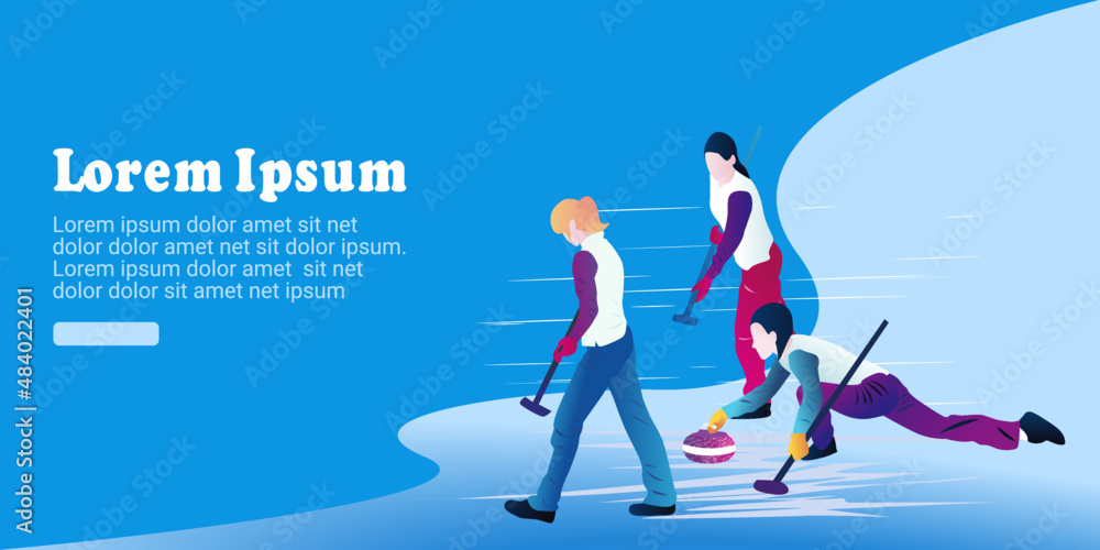 UI design of an abstract team playing on a rectangular sheet of ice on a blue background. Curling