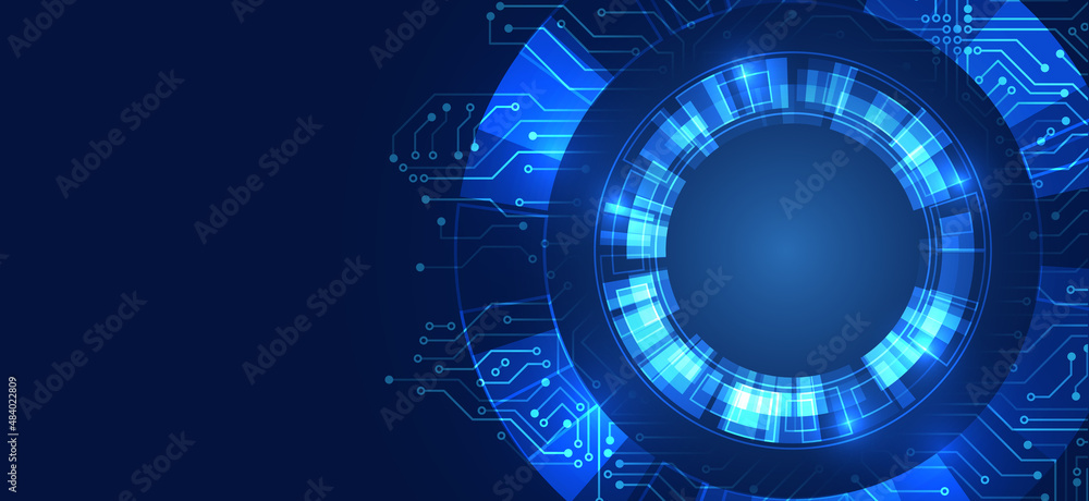 Hi-tech background in the form of circles and luminous lines and circuit board. Abstract array of data. Template for futuristic presentation.