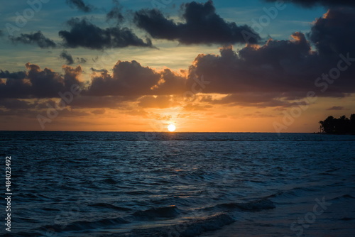Beautiful sunrise at sea. Dawn on the Atlantic ocean. The sun is