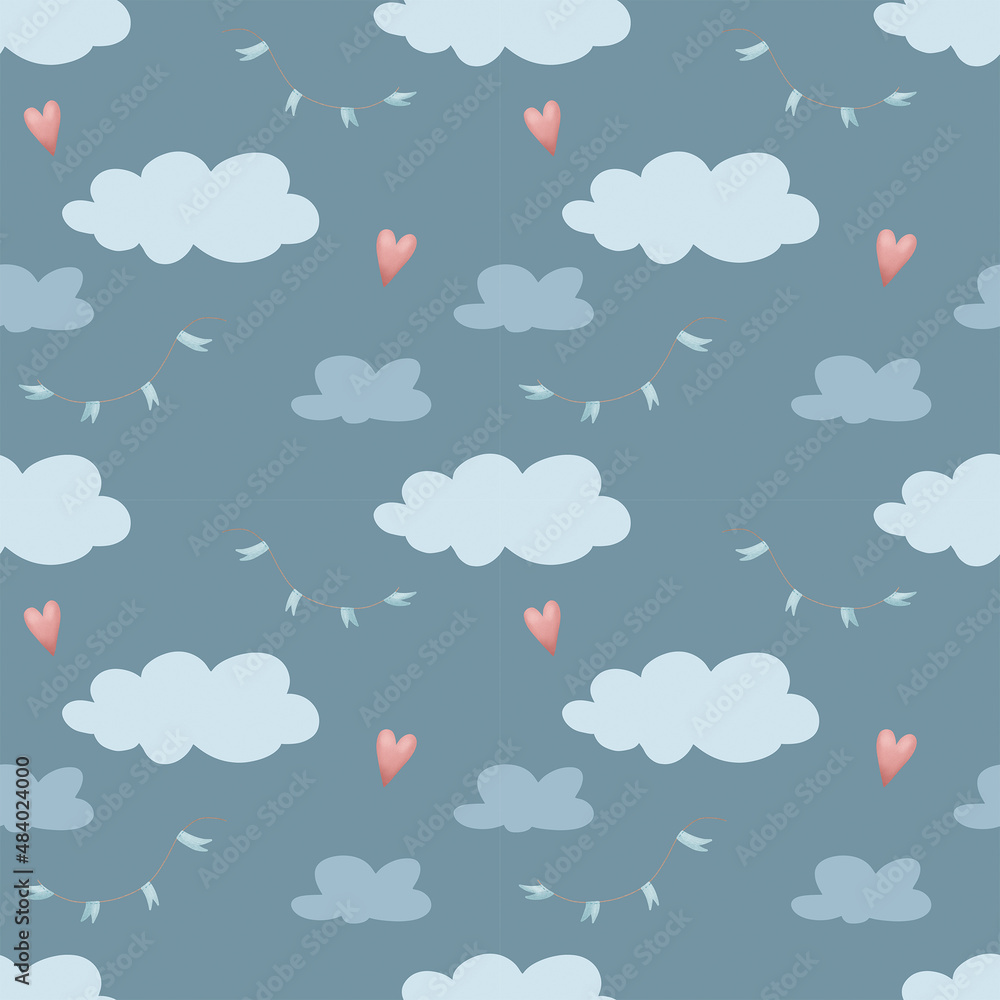 Seamless Valentine's Day pattern with hearts, flags and clouds on a dark blue background. Cute style pattern