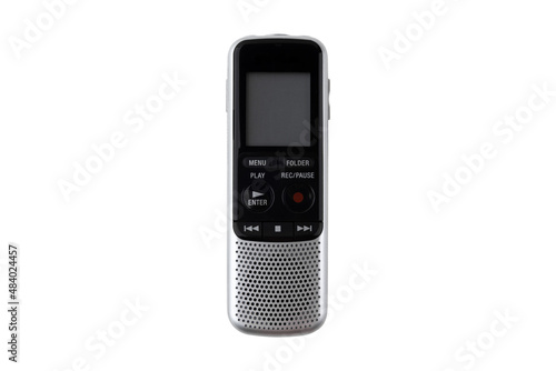 The voice recorder is isolated on a white background. Dictaphone close-up on a white background.