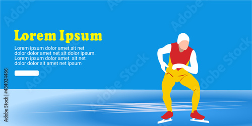 UI design of abstract man skating on ice on abstract blue background. speed skating