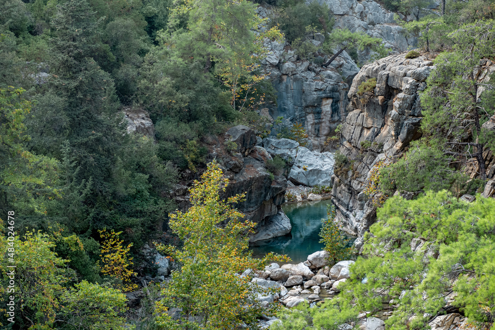 landscape with a small mountain river in a wooded canyon in the Taurus mountains, Turkey