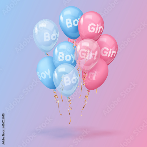 Bouquet, bunch of realistic pink and blue balloons with text boy, girl, gold ribbons. Vector illustration for card, gender reveal party, design, flyer, poster, decor, banner, web, advertising. 