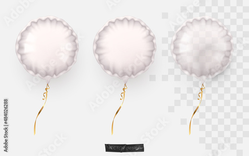 Set of realistic white foil circle balloon, matt, glossy and transparent with gold ribbons. Vector illustration for card, party, design, flyer, poster, decor, banner, web, advertising.	