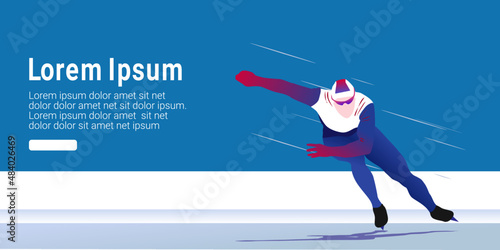 UI design of abstract man skating on ice on abstract blue background, speed skating, short track