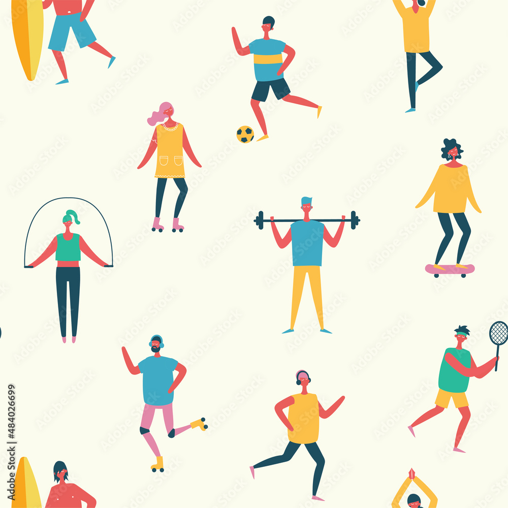 Vector seamless pattern in flat design with group of people doing different kinds of sport