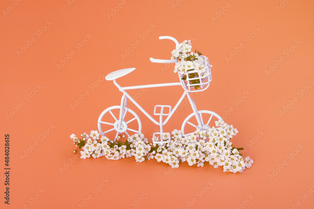 Decorative bicycle with flowers on orange background. Spring summer minimalistic concept.