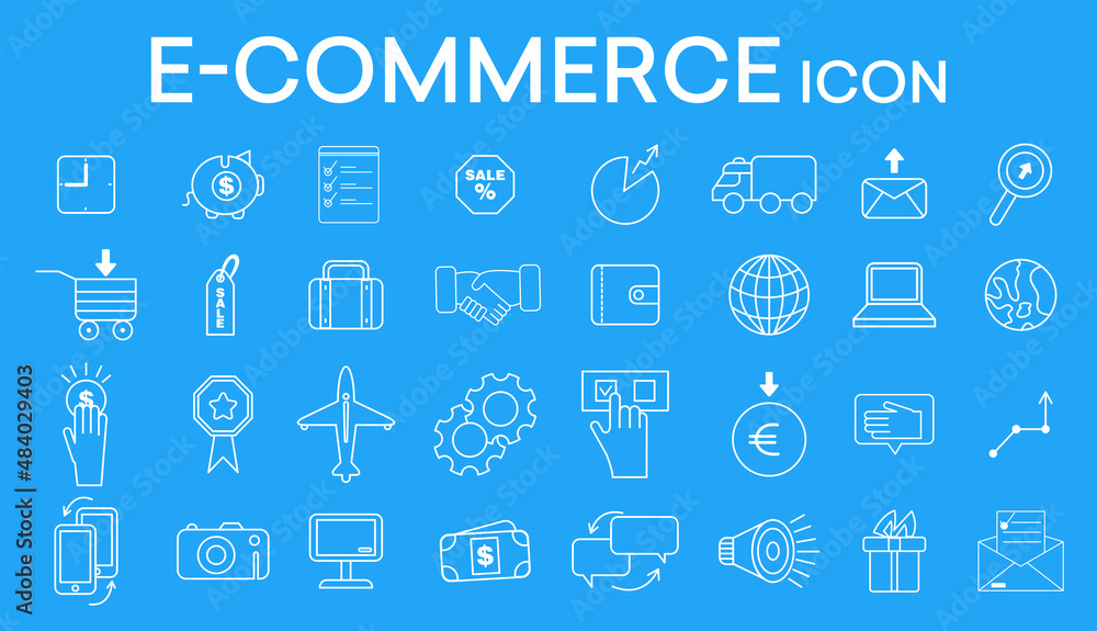 Set of E-commerce line icons. Linear icons isolated on a blue background. Vector illustration Set of E-commerce line icons. Linear icons isolated on a blue background. Vector illustration