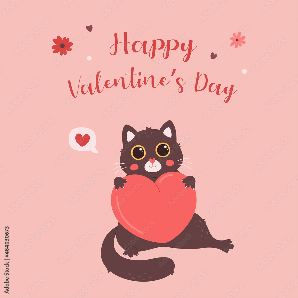 Cute cat character with heart. Valentines Day greeting card. Love, romantic, wedding, Valentines day concept. Vector illustration