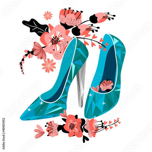 Cute women's heeled shoes decorated with flowers in Scandinavian style.Flat cartoon isolated illustration.Modern and elegant home decor print design.Vector template for cards,stickers,label,posters.