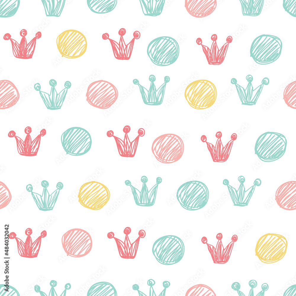 Seamless polka dot pattern with crowns in pastel colors. Childish doodle style. Seamless polka dot pattern with crowns in pastel colors. Childish doodle style.