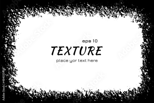 Grunge frame. Black splatter edge on white background. Abstract rusty ink border. Concentration attention. Zoom texture. Frames focus fade pattern. Vignette dark worn boarder. Vector illustration