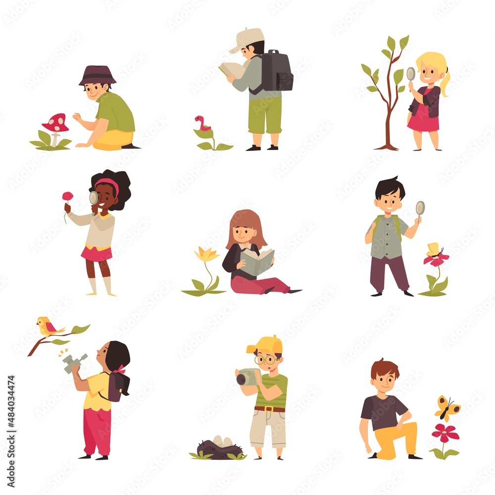 Set of childrens cartoon characters studying nature in flat vector illustration Set of childrens cartoon characters studying nature in flat vector illustration