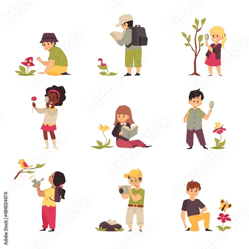 Set of childrens cartoon characters studying nature in flat vector illustration