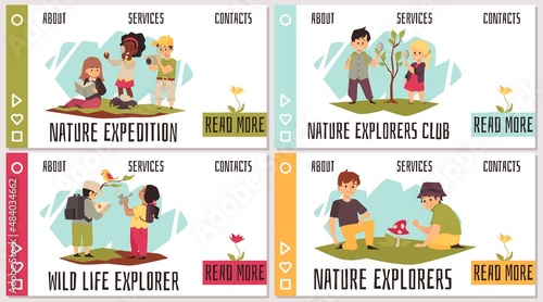 Set of templates with kids exploring wildlife in flat vector illustrations