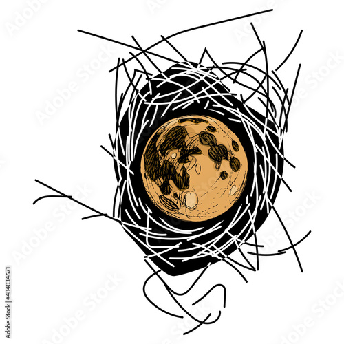 Full moon inside a bird's nest. Creative environmental concept. Isolated vector illustration.