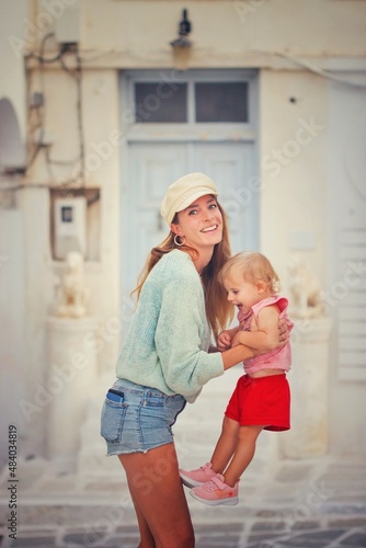 mother and daughter in the city of paros greece