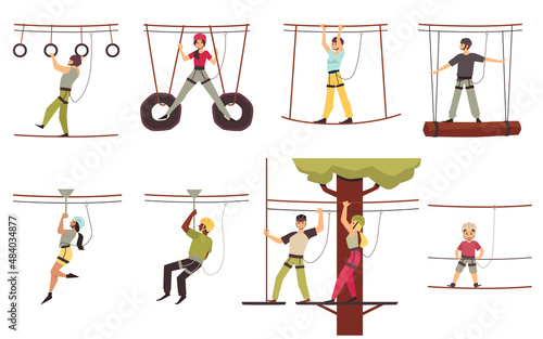 Adventure rope park with visitors in flat vector illustration isolated on white