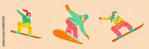 Man and 2 women doing sports exercises on a snowboard. Vector graphic illustration