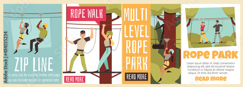 Rope adventure park with visitors in flat vector illustration with text.