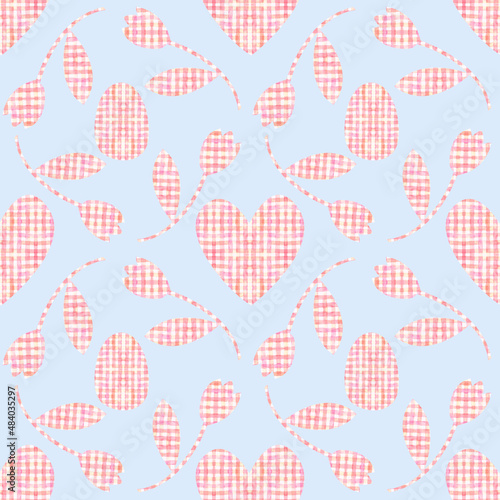 Pattern with Easter eggs, flowers and hearts. Checkered watercolor motifs for home textiles.