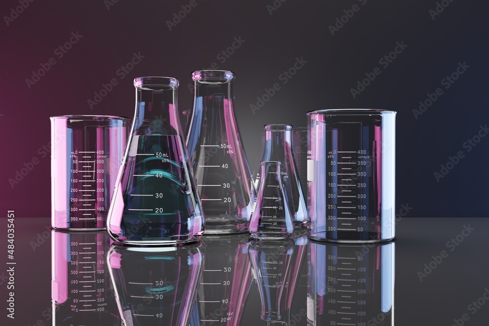 test tubes and flasks in an laboratory environment, cgi render image
