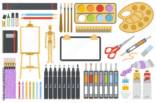 Artist drawing tools set in flat cartoon design. Painter instruments isolated elements. Easel, canvas, pencils, paints, markers, palette, scissors, notepad stationery and others. Illustration